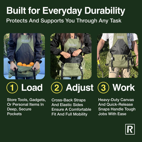 Rocklin Industry Gardening Apron features off-vine storage for tools and produce
