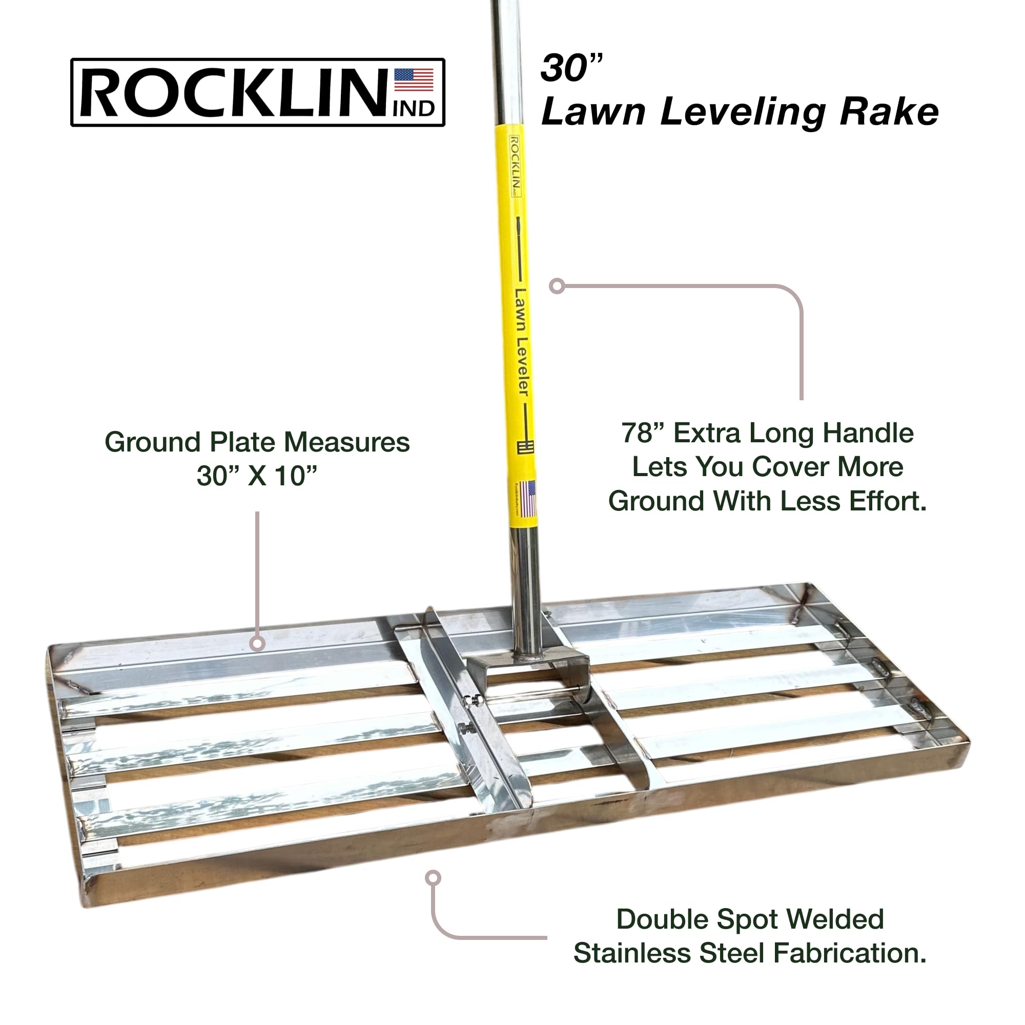 Rocklin Industry rake with a 78-inch handle for easy reach across large lawns