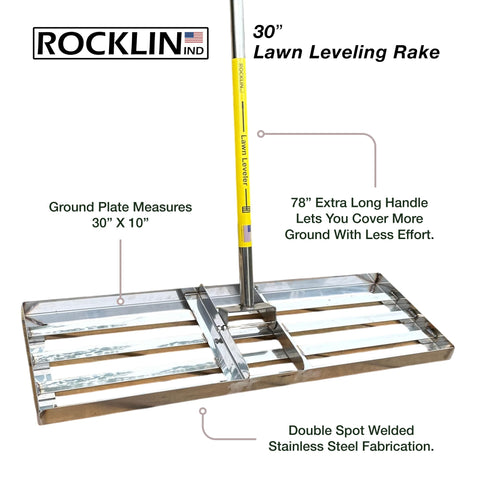Rocklin Industry rake with a 78-inch handle for easy reach across large lawns