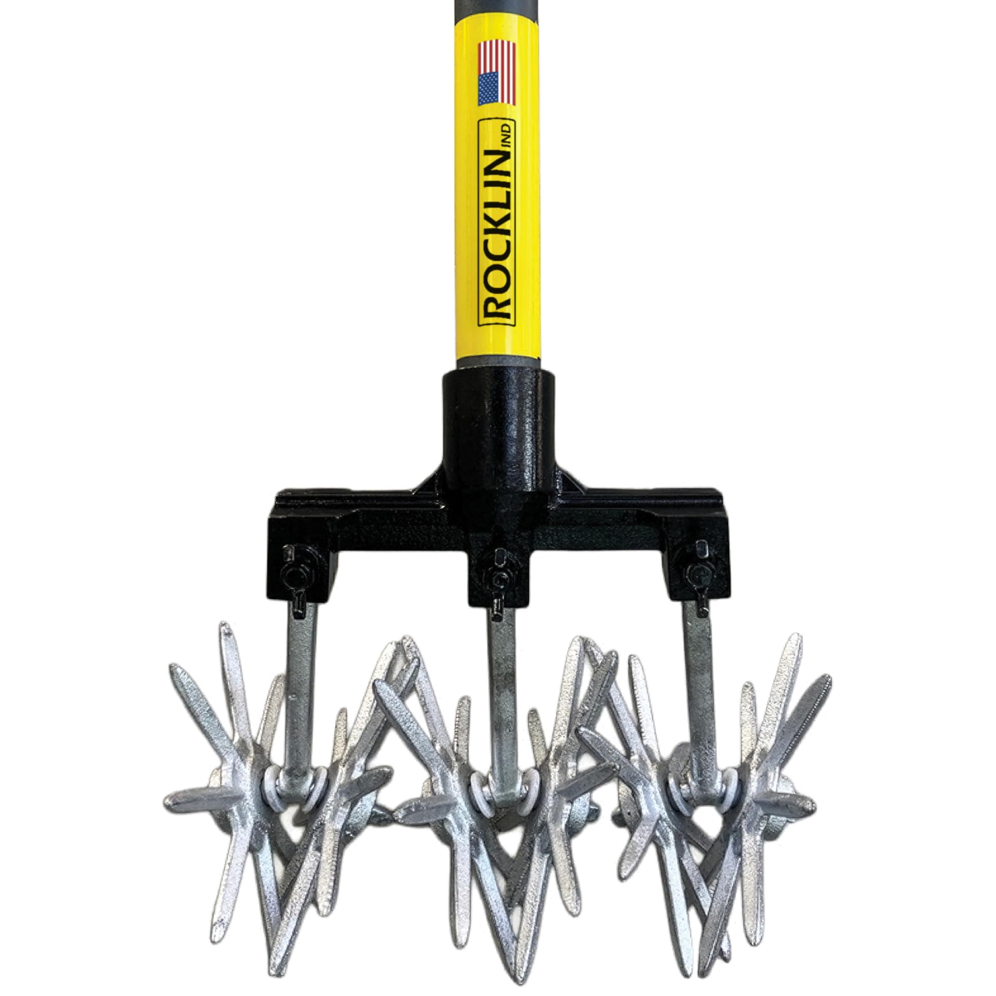 Rocklin Industry rotary cultivator handle enabling upright tilling for less back strain