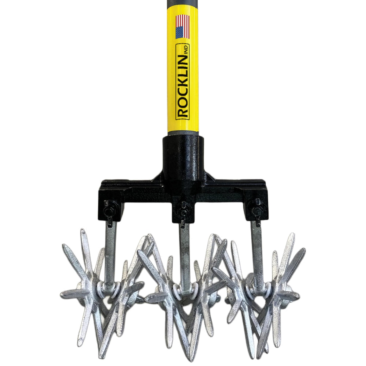 Rocklin Industry rotary cultivator handle enabling upright tilling for less back strain