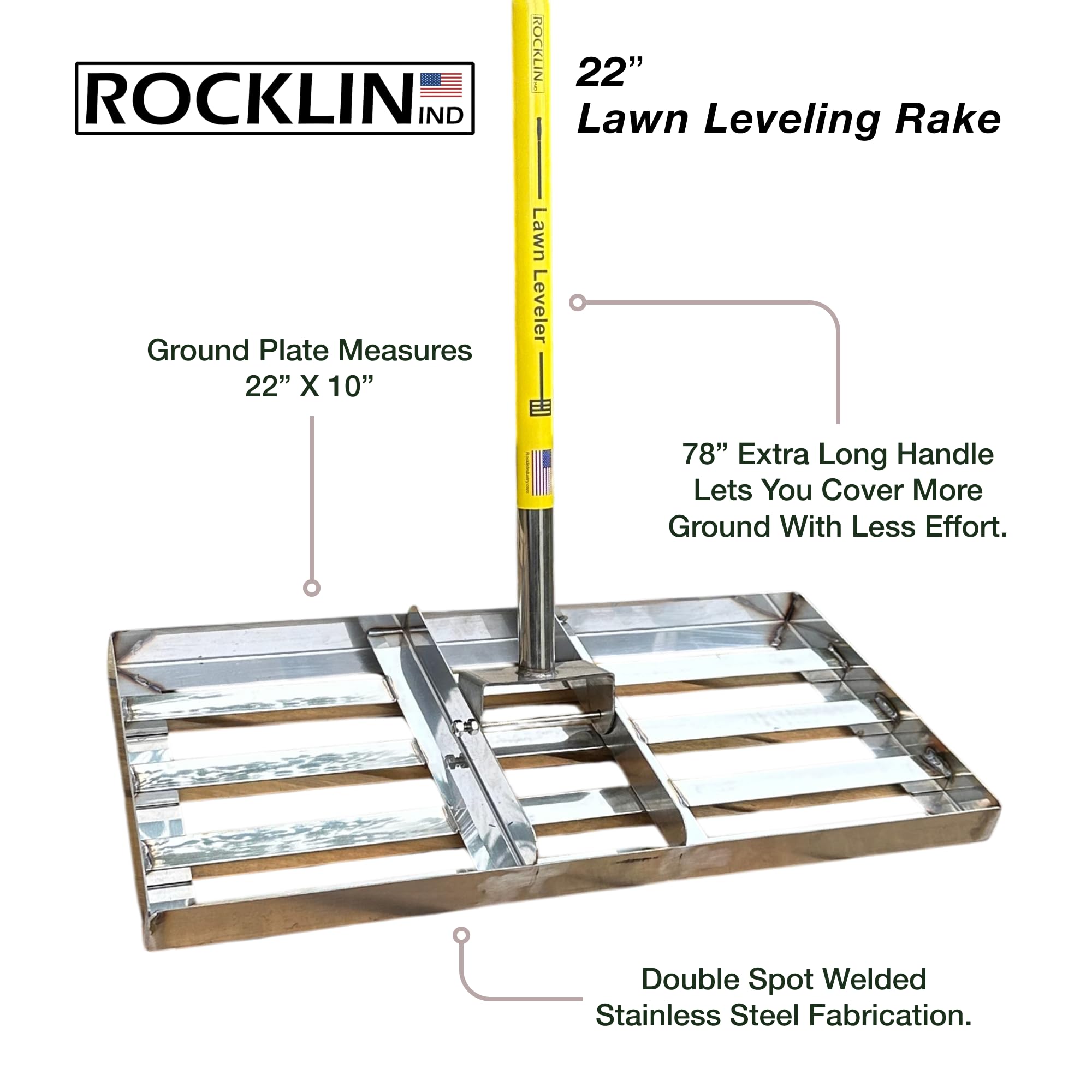 Rocklin Lawn Leveling Rake 78-inch handle extends reach for easier lawn leveling