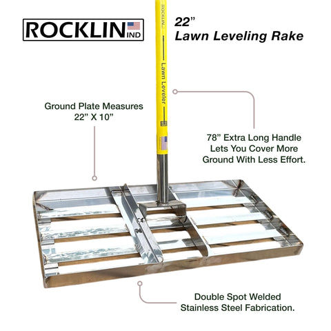 Rocklin Lawn Leveling Rake 78-inch handle extends reach for easier lawn leveling