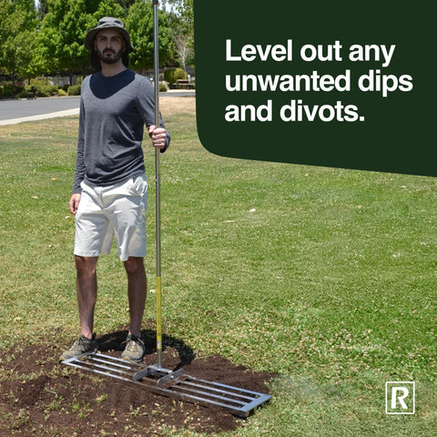 Rocklin Lawn Leveling Rake adjustable handle enhances comfort in tight spots.