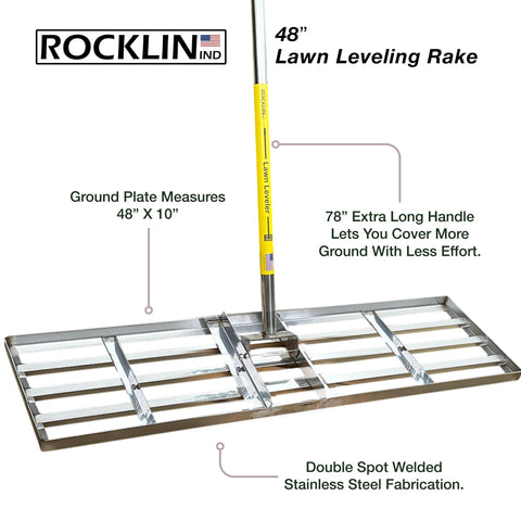 Rocklin Lawn Leveling Rake 78-inch handle allows effortless reach and reduced bending.
