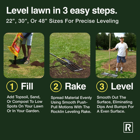 Rocklin Lawn Leveling Rake in stainless steel resists rust for lasting use.