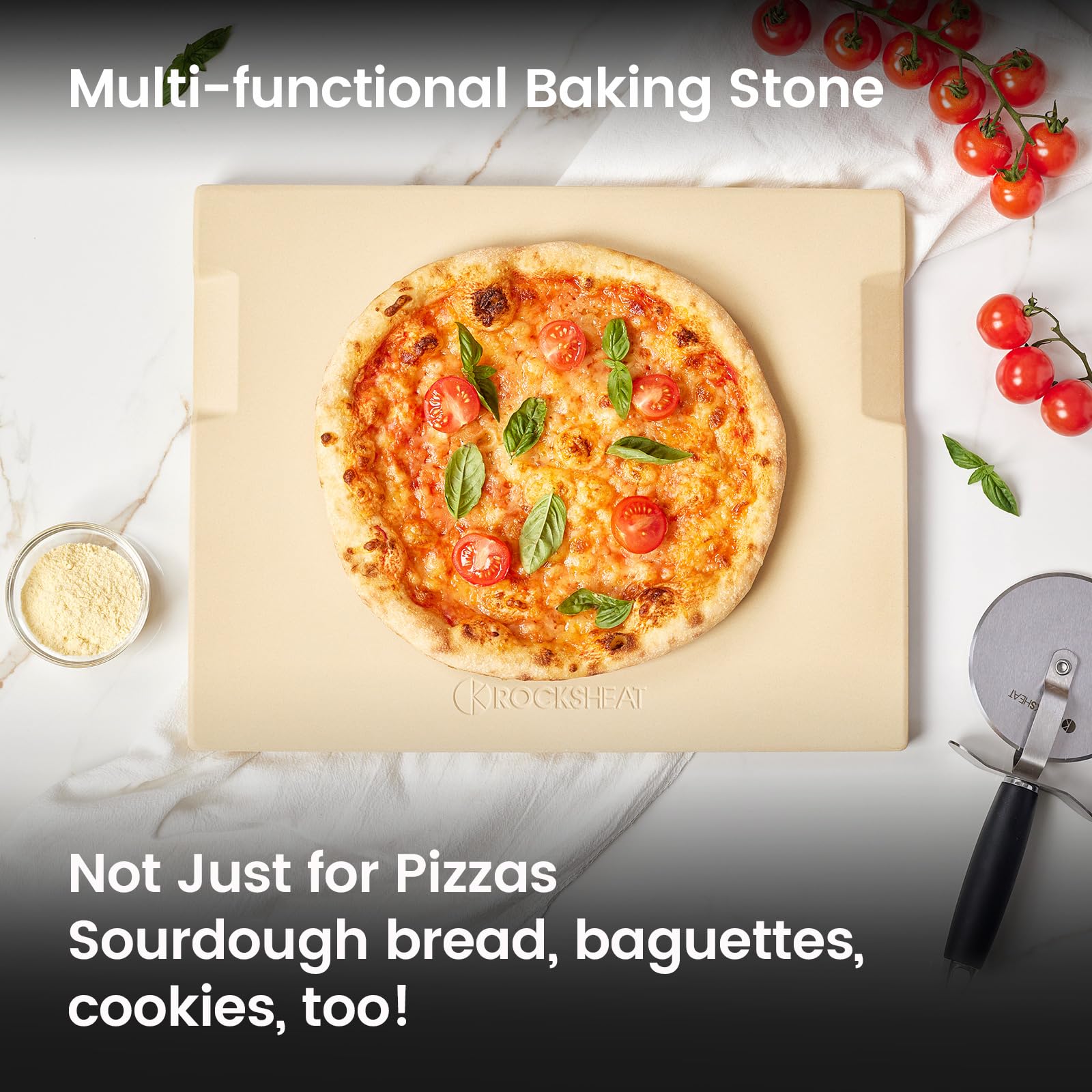 ROCKSHEAT built-in handles simplify moving from oven to counter.