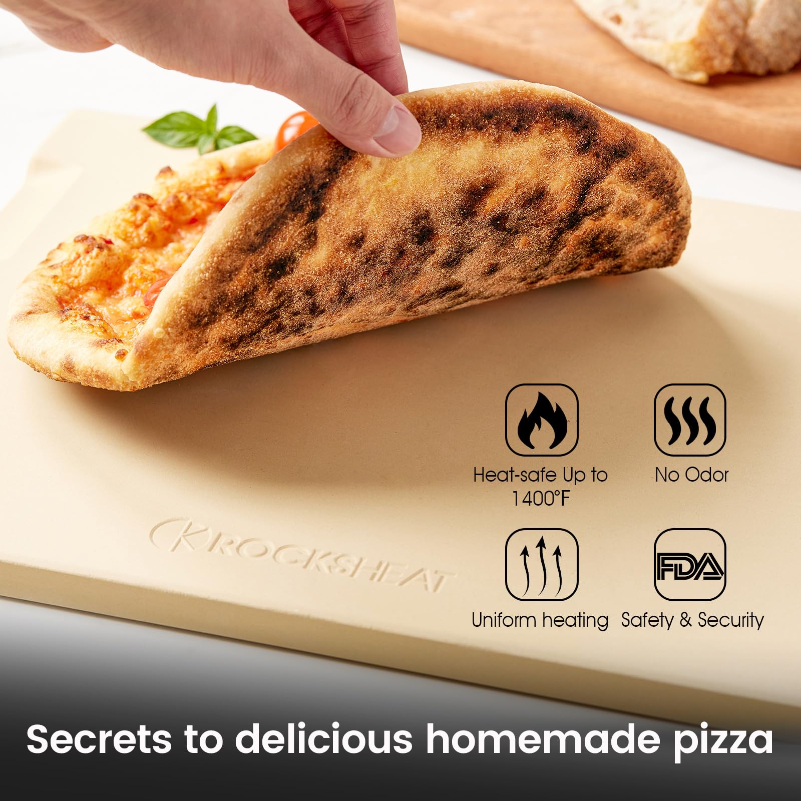 ROCKSHEAT pizza stone with built-in four handles for easy transfer