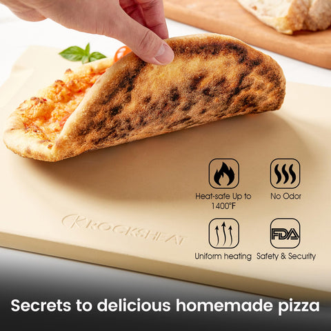 ROCKSHEAT pizza stone with built-in four handles for easy transfer