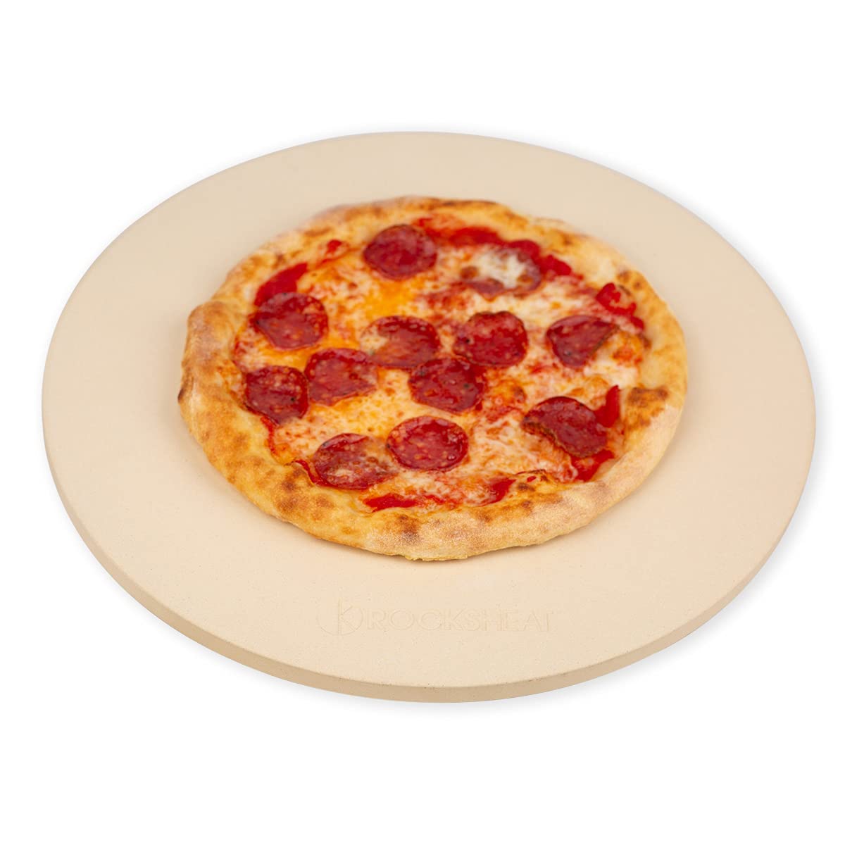 ROCKSHEAT round 16-inch pizza stone on a grill for even heat and crisp crust.