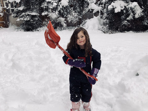 Rocky Mountain Goods kids snow shovel 34-inch side view, bend-proof plastic for durable, safe use.