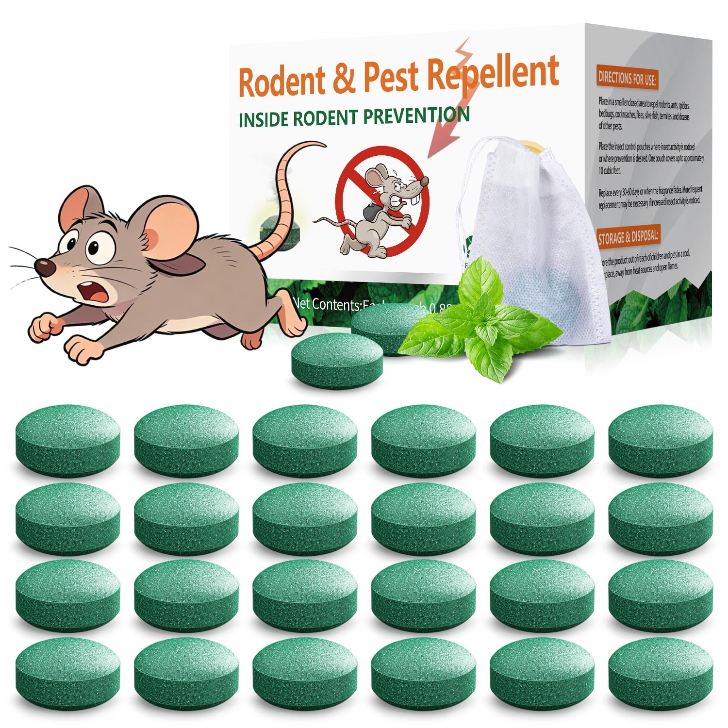 Rodent Mouse Repellent packaging highlights natural peppermint formula for safe home use.