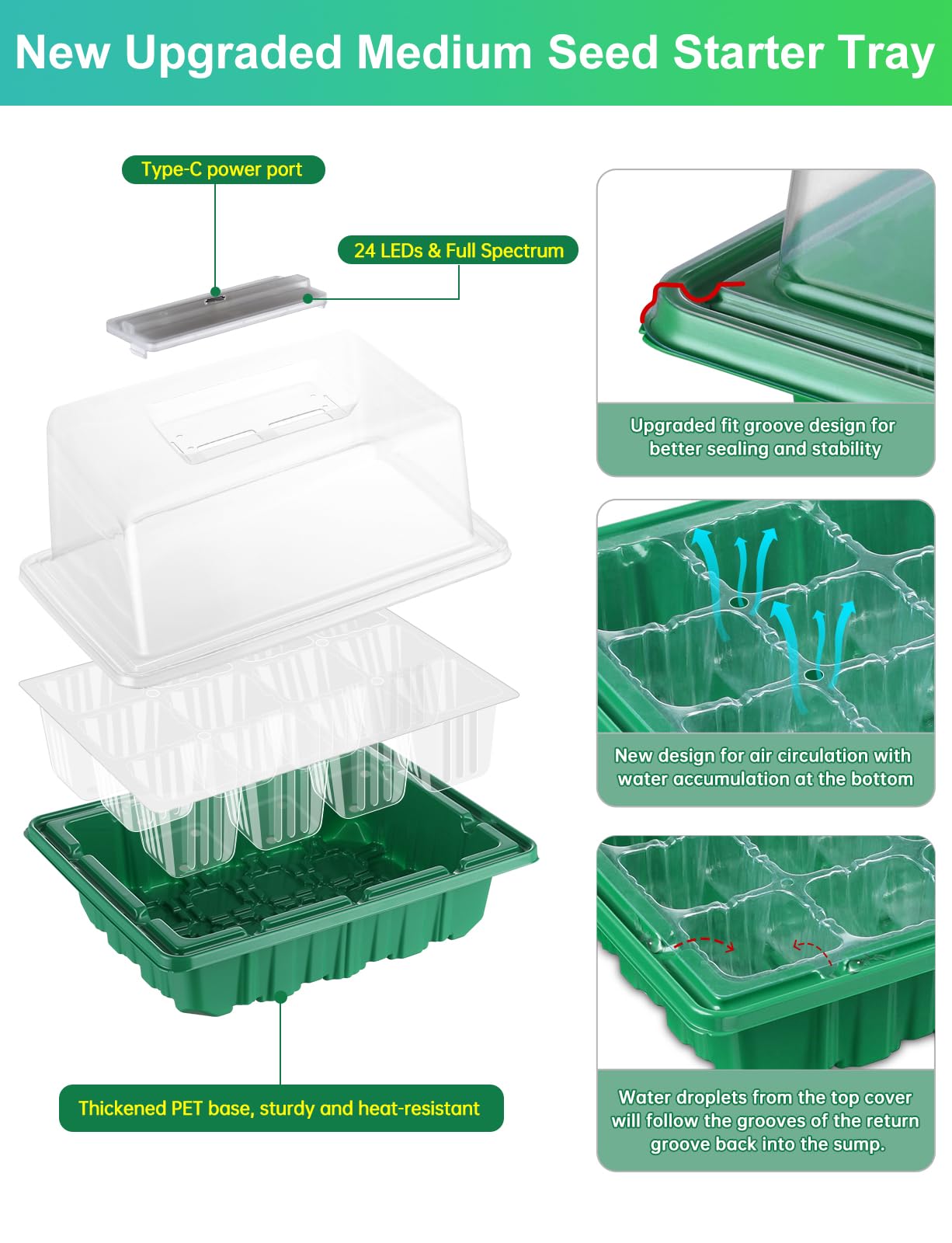 RODINTO 24-LED grow lights provide full spectrum illumination for healthy sprouts.