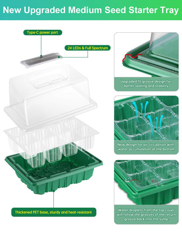 RODINTO 24-LED grow lights provide full spectrum illumination for healthy sprouts.