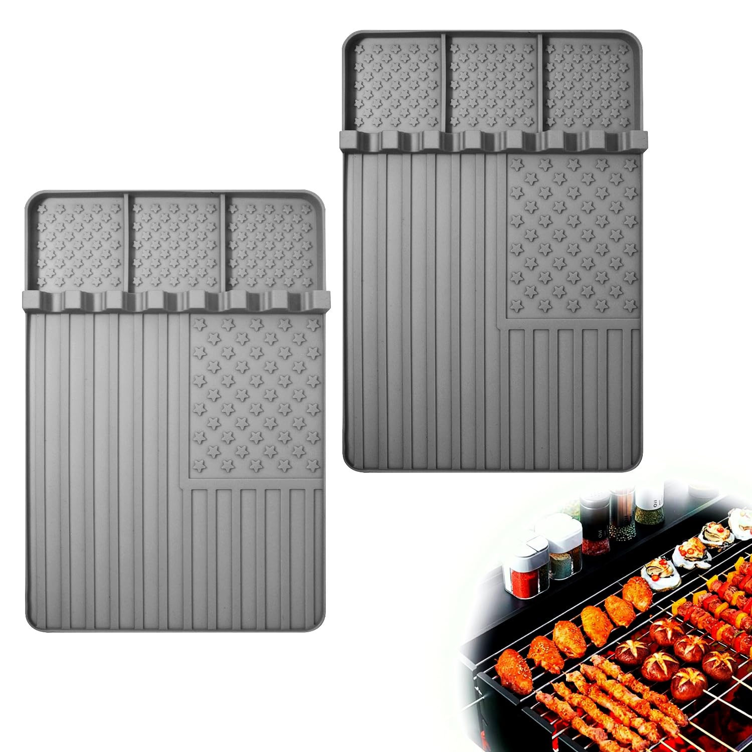 Rodnsurw grey silicone griddle tools mat fully spread, showing ample organization space.