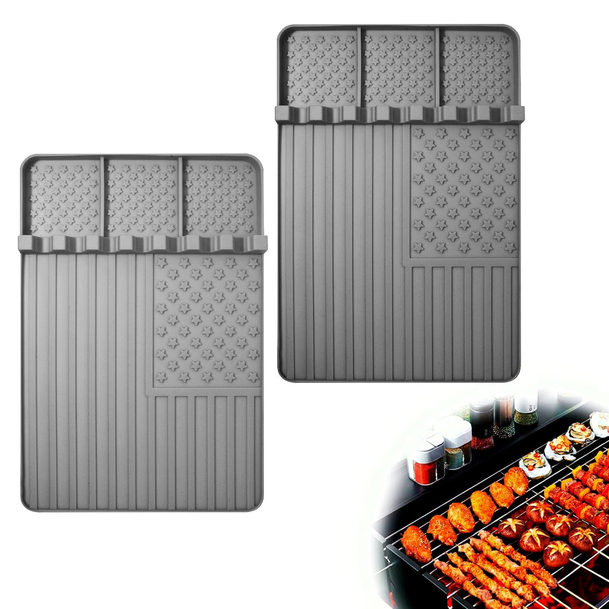 Rodnsurw grey silicone griddle tools mat fully spread, showing ample organization space.