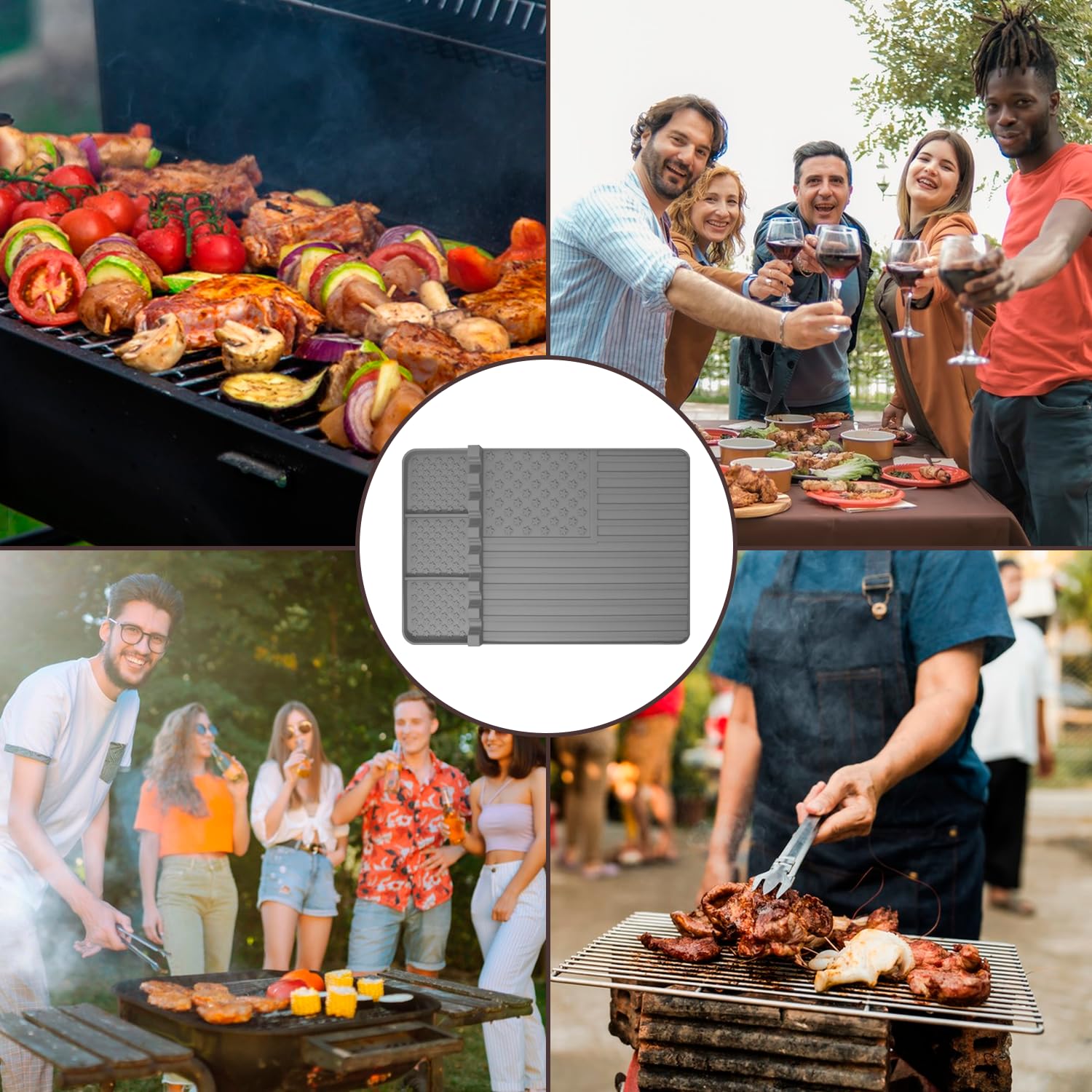 Rodnsurw mat rolled up for compact storage beside the grill.