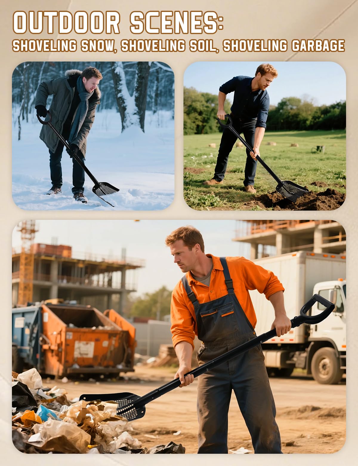 Roetelo chicken coop and goat stall cleanup shovel for farm chores.