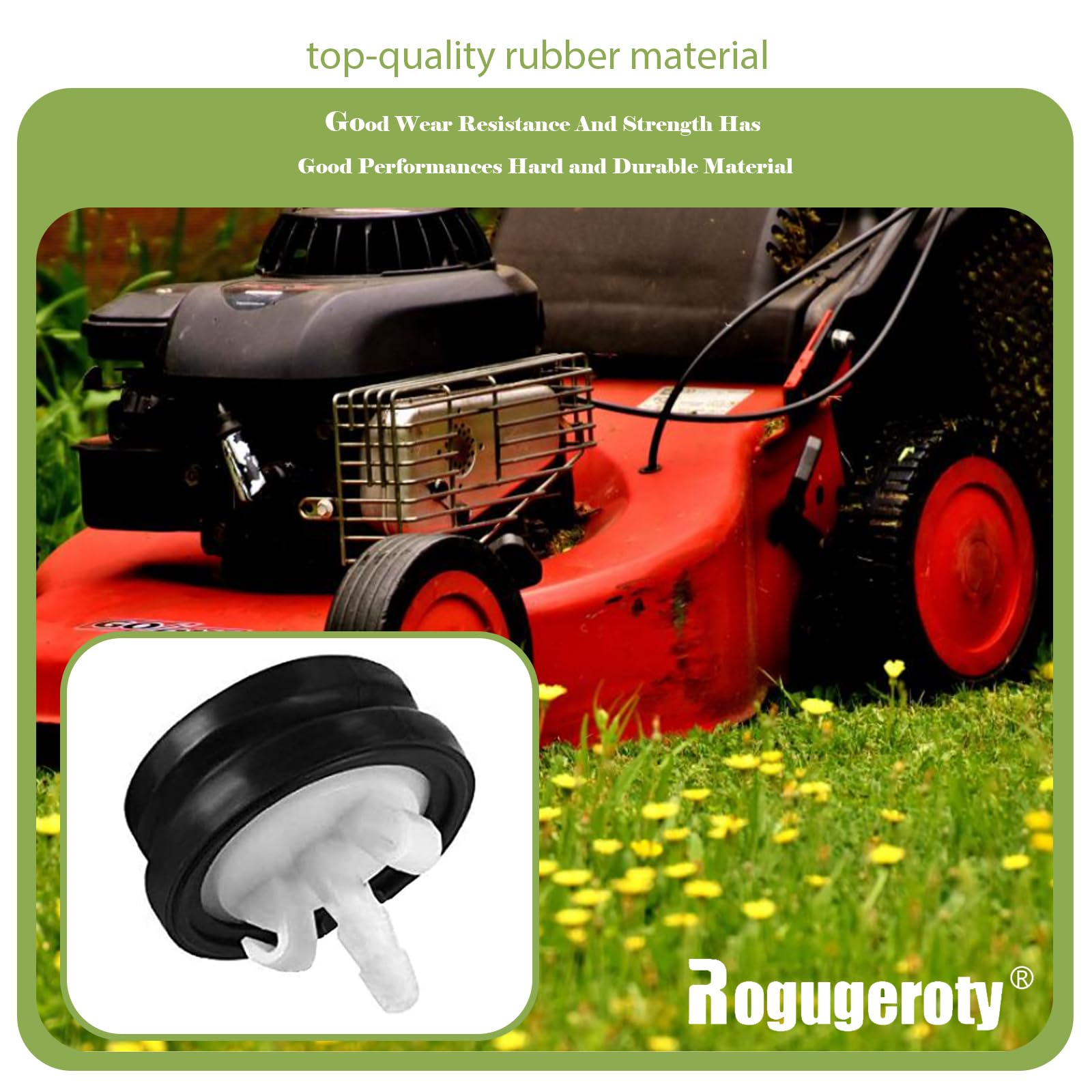 Rogugeroty primer bulb side view highlights flexible rubber for weather resistance.