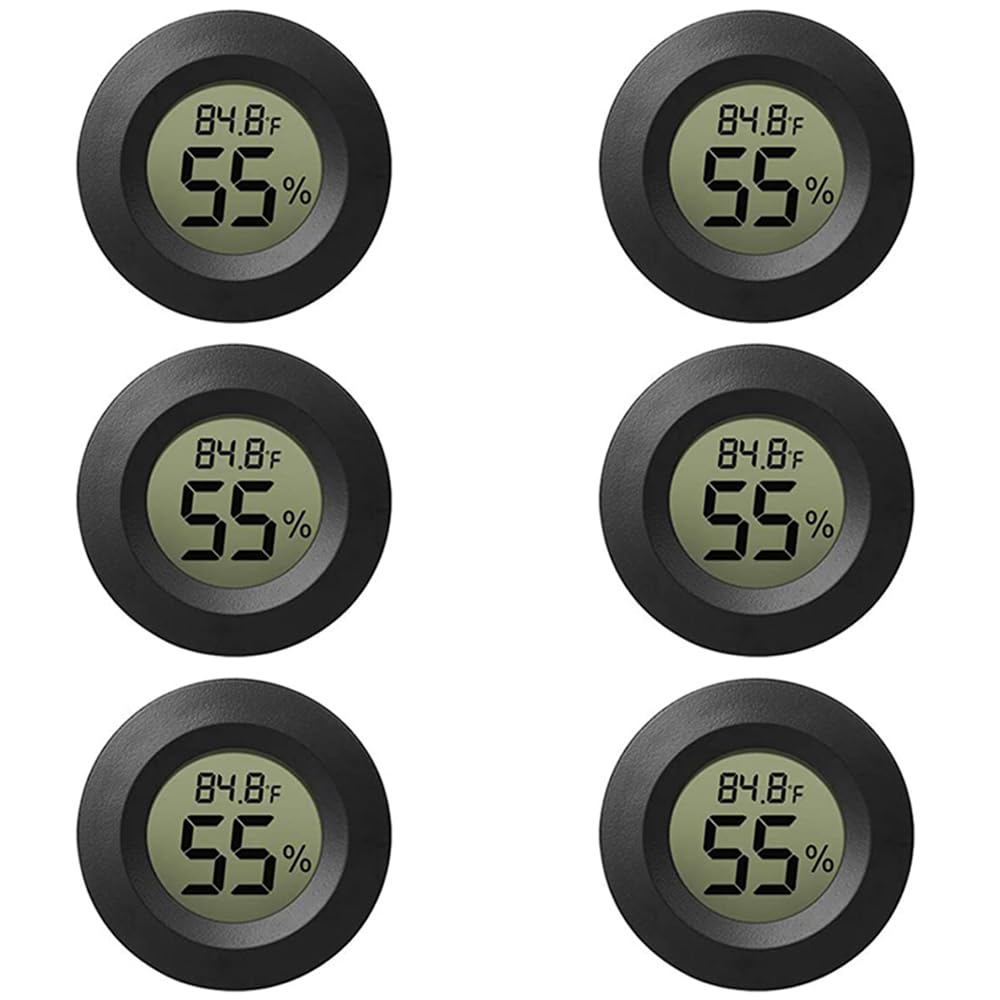 Rojuna 6-pack mini hygrometer with digital display for home monitoring.