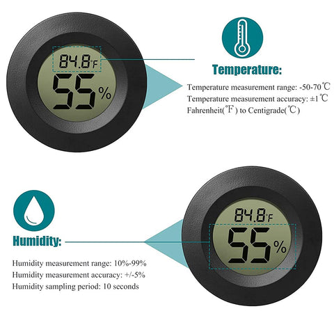 Rojuna mini hygrometer front view showing readings.