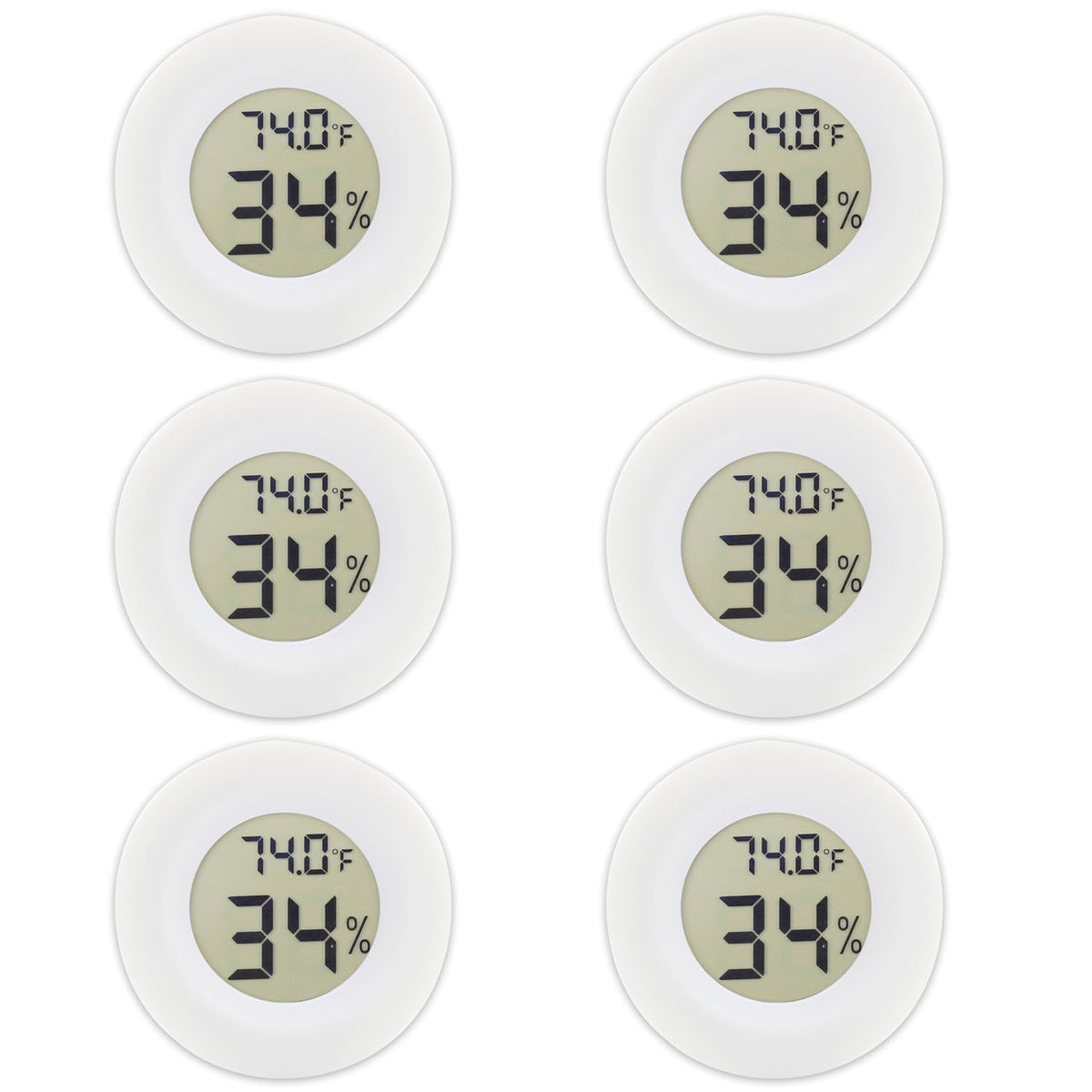 Rojuna mini round hygrometer with LCD display for quick indoor climate readings.