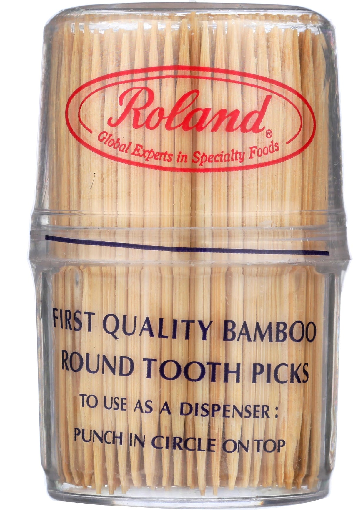 Roland Foods bamboo toothpicks in a dispenser for quick, clean serving prep.