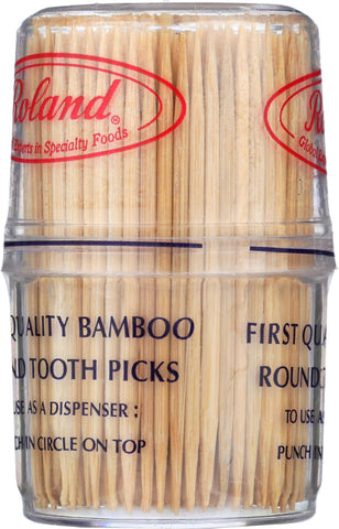 Roland Foods tapered-end toothpicks with dual-point design for versatile use.