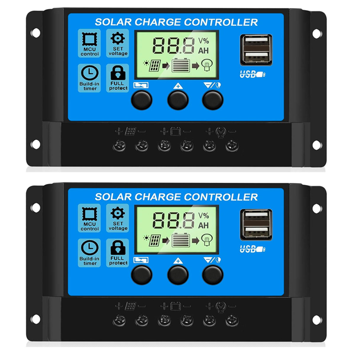 Rolokit 30A PWM controller front view with LCD for clear battery management.