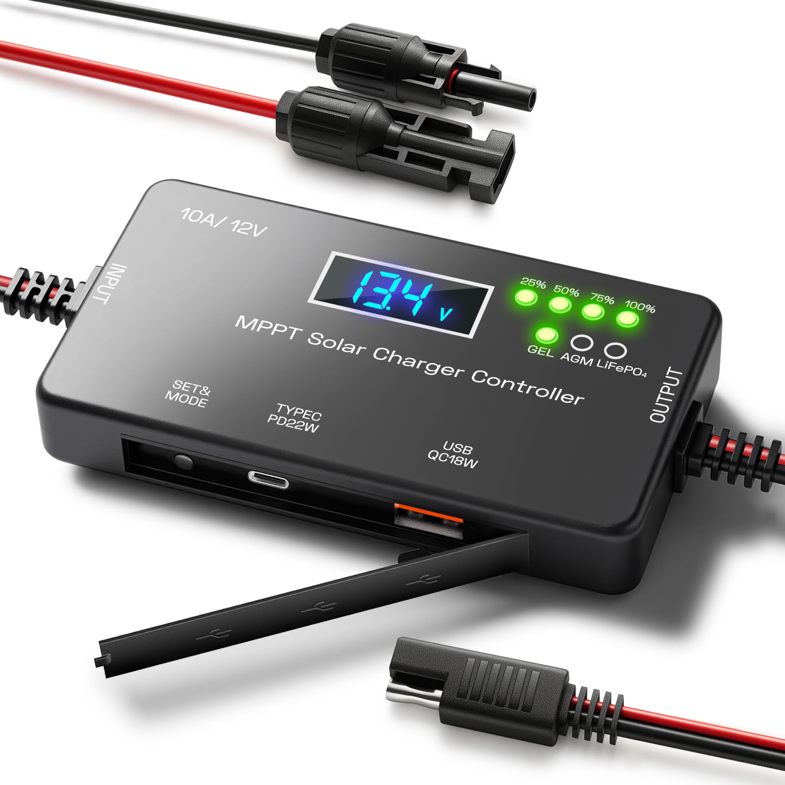Rolokit MPPT controller front view for compact RV installations.