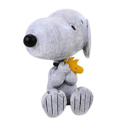 Roman Snoopy and Woodstock garden statue in resin-stone finish for outdoor charm.