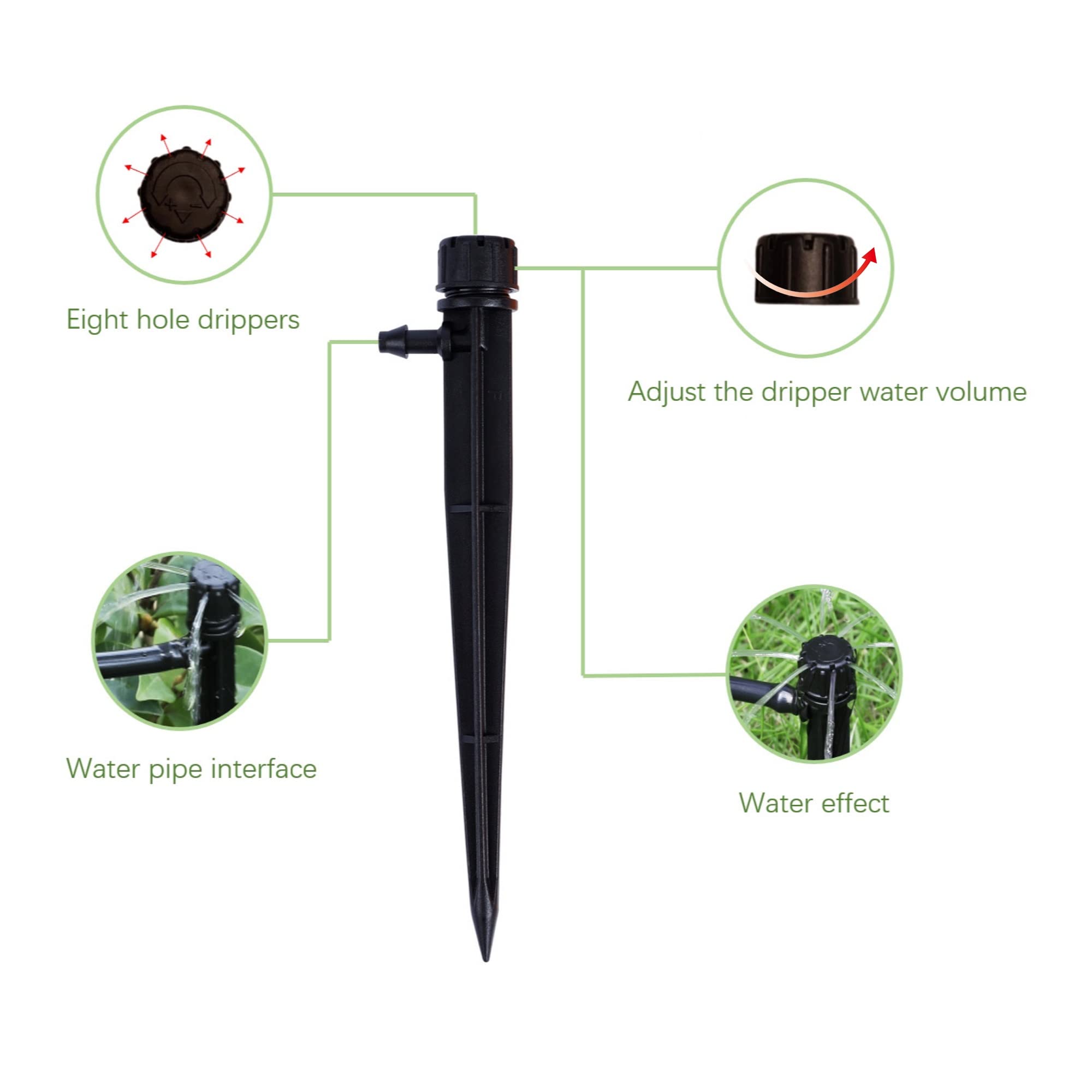 Romanend adjustable-flow drip emitter with tall spike enables easy height and flow control.