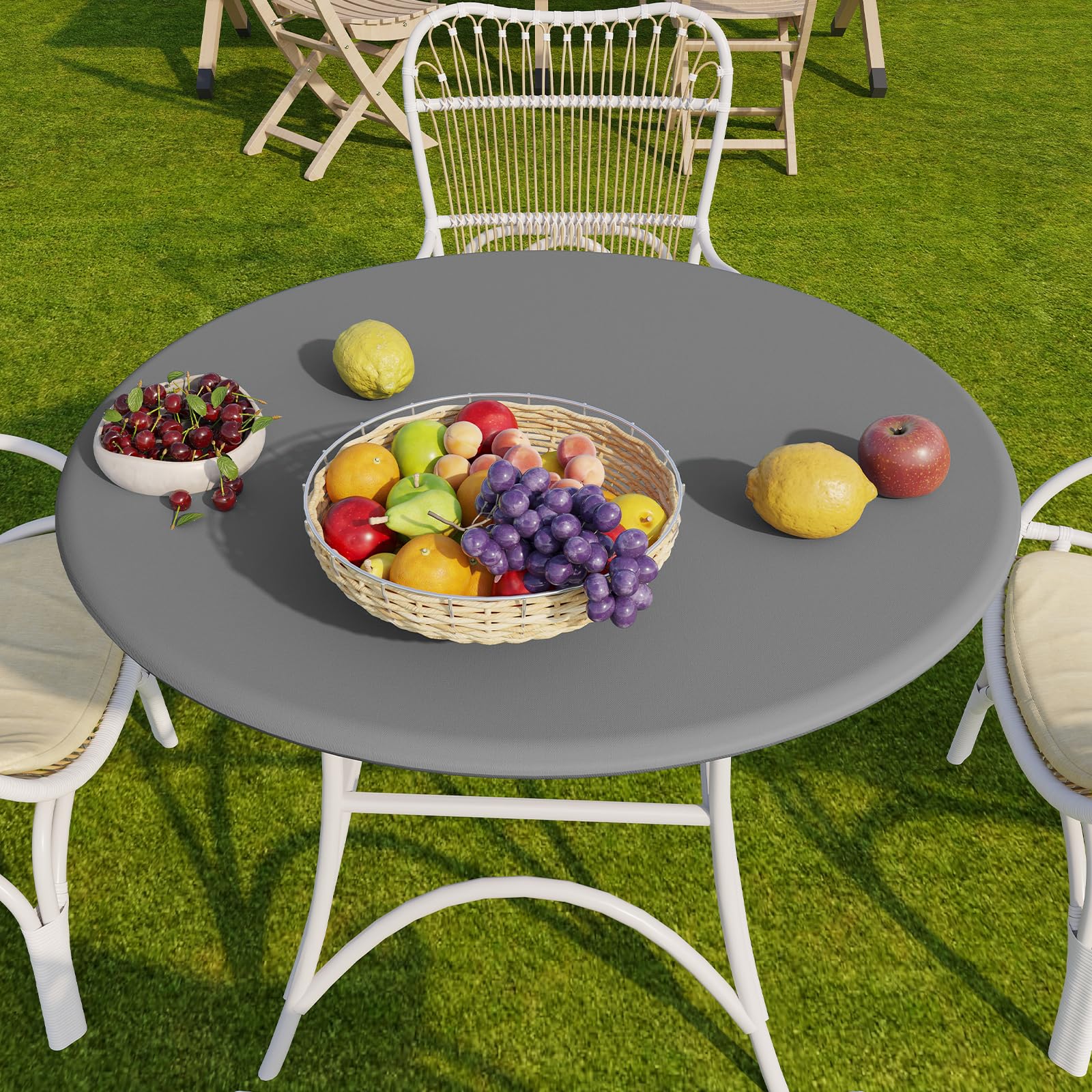 Grey Romanstile tablecloth suited for patios and outdoor dining