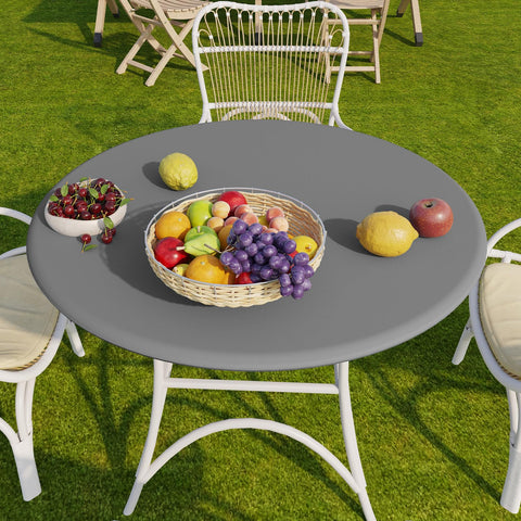 Grey Romanstile tablecloth suited for patios and outdoor dining