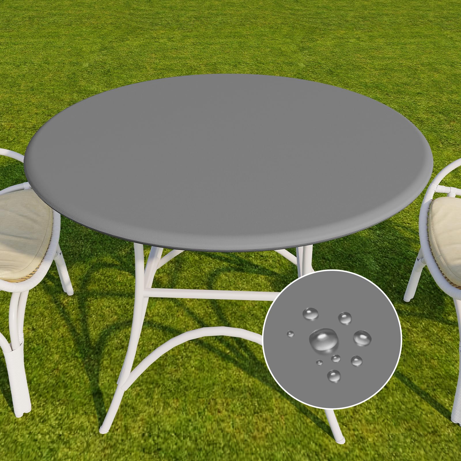 Romanstile round tablecloth with elastic edge and flannel backing for secure fit.