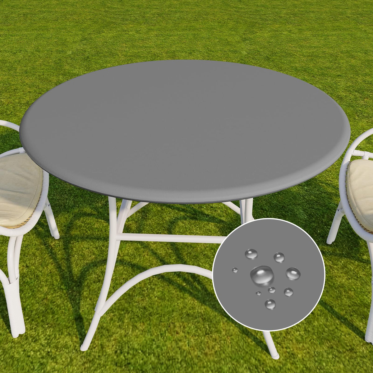 Romanstile round tablecloth with elastic edge and flannel backing for secure fit.