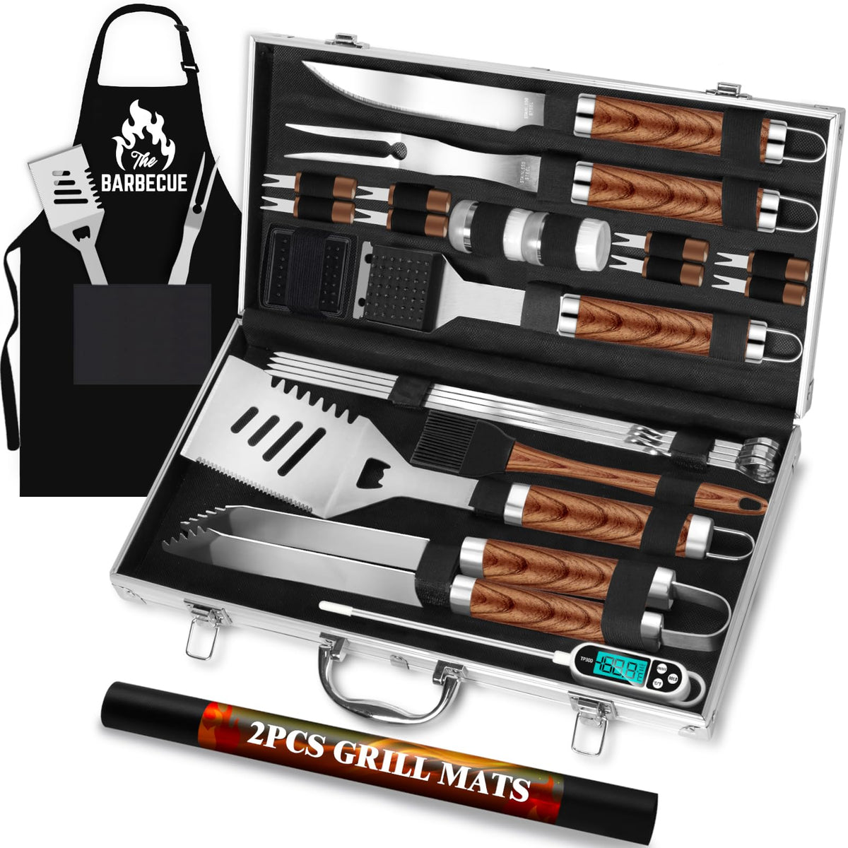 ROMANTICIST 26pcs bbq set in aluminum case, organized for easy outdoor grilling.