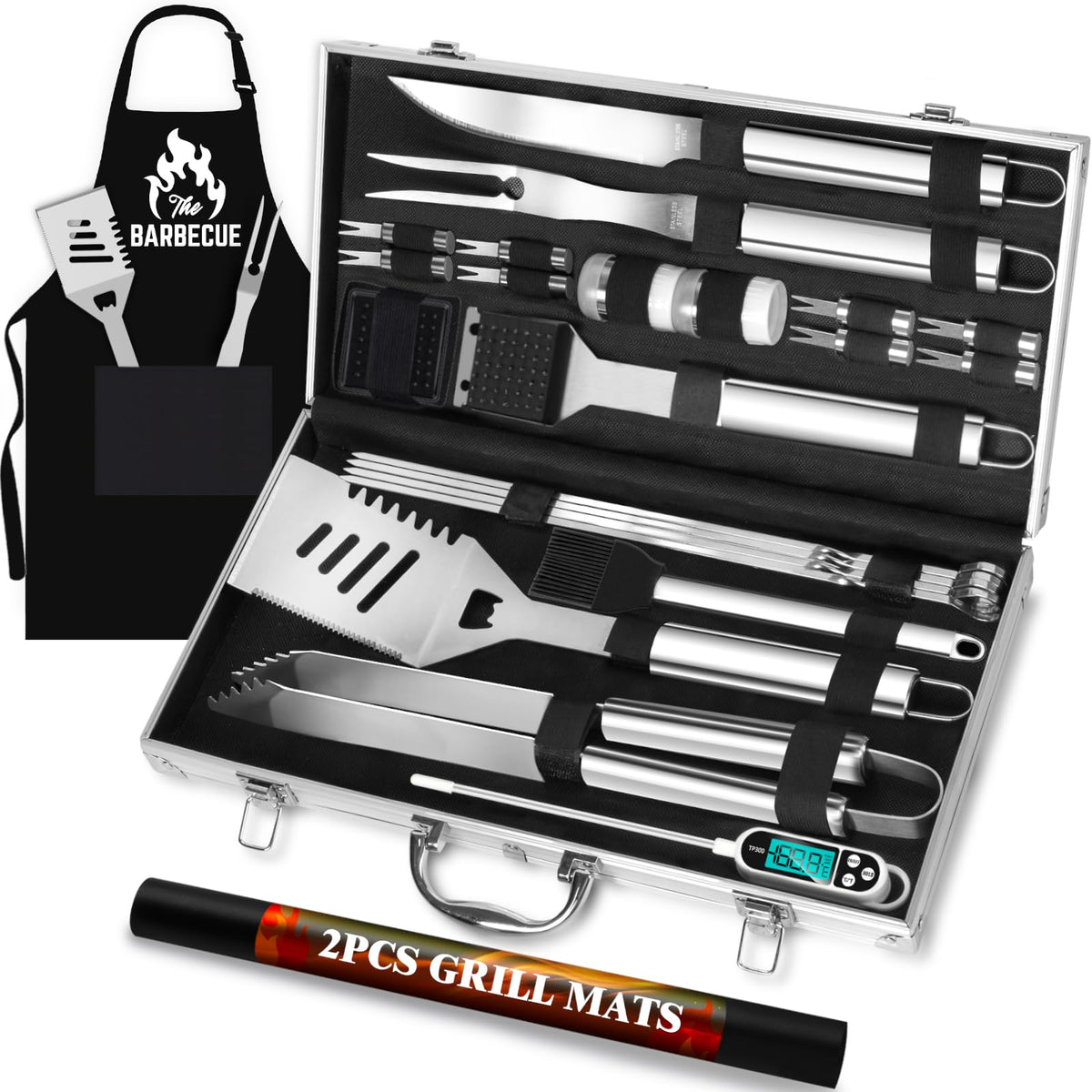 ROMANTICIST 26pcs grilling kit with aluminum case, ideal for organized backyard barbecues