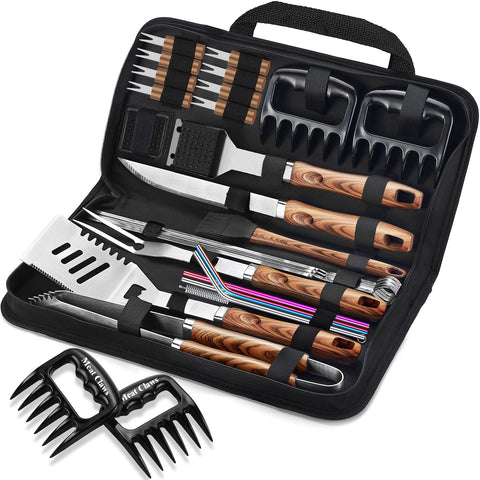 ROMANTICIST 27-piece BBQ tools set displayed in a canvas bag for outdoor grilling