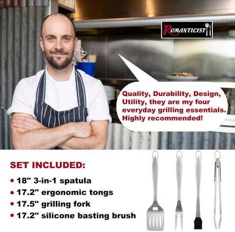 ROMANTICIST 4pc grill tongs with locking mechanism for compact storage and control