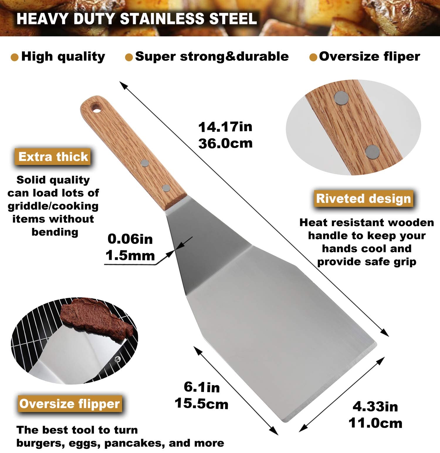 ROMANTICIST curved-edge griddle tools shown for easy maneuvering