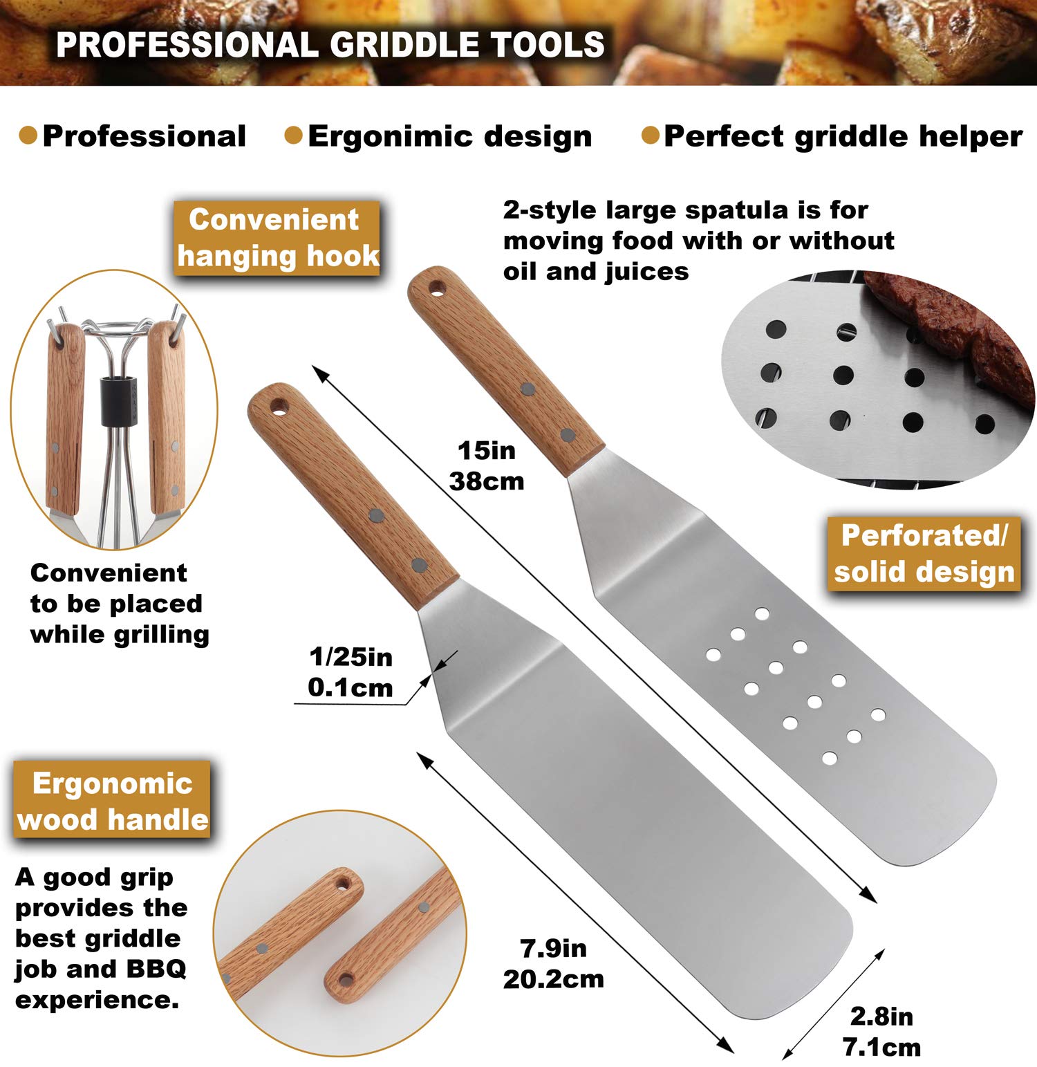 ROMANTICIST spatula and flipper with curved edge for flat-top grilling