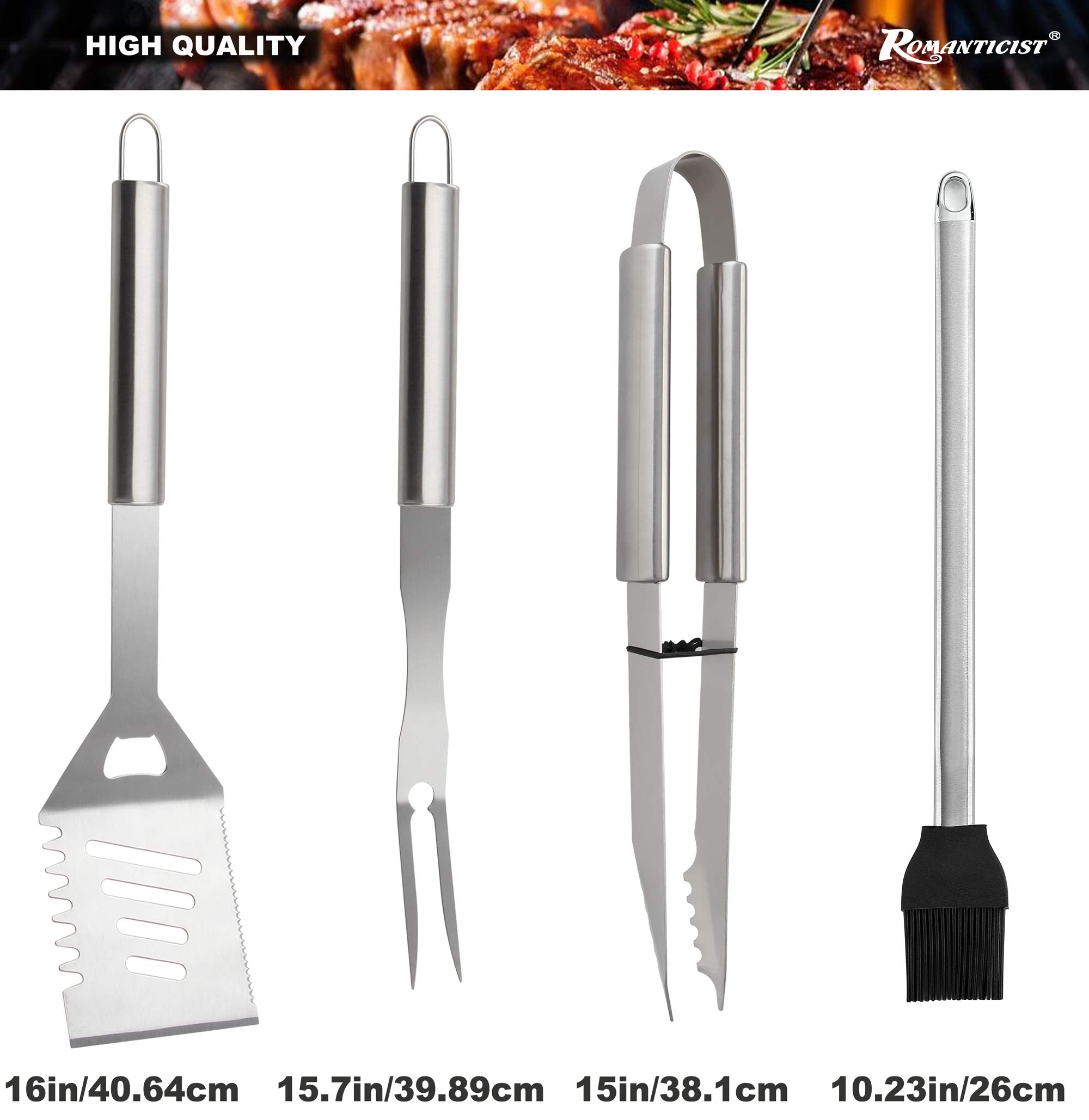 ROMANTICIST spatula and tongs — essential stainless tools for precise flipping and serving.