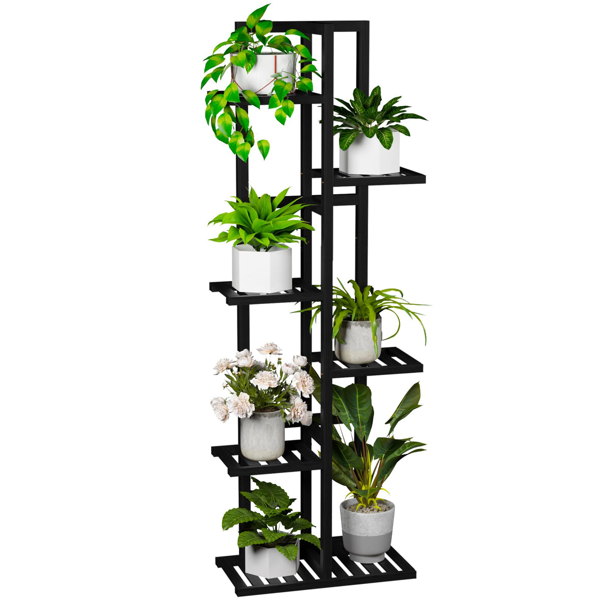 ROMGUAR CRAFT 6-tier bamboo plant stand on display showing six plants for compact decor.