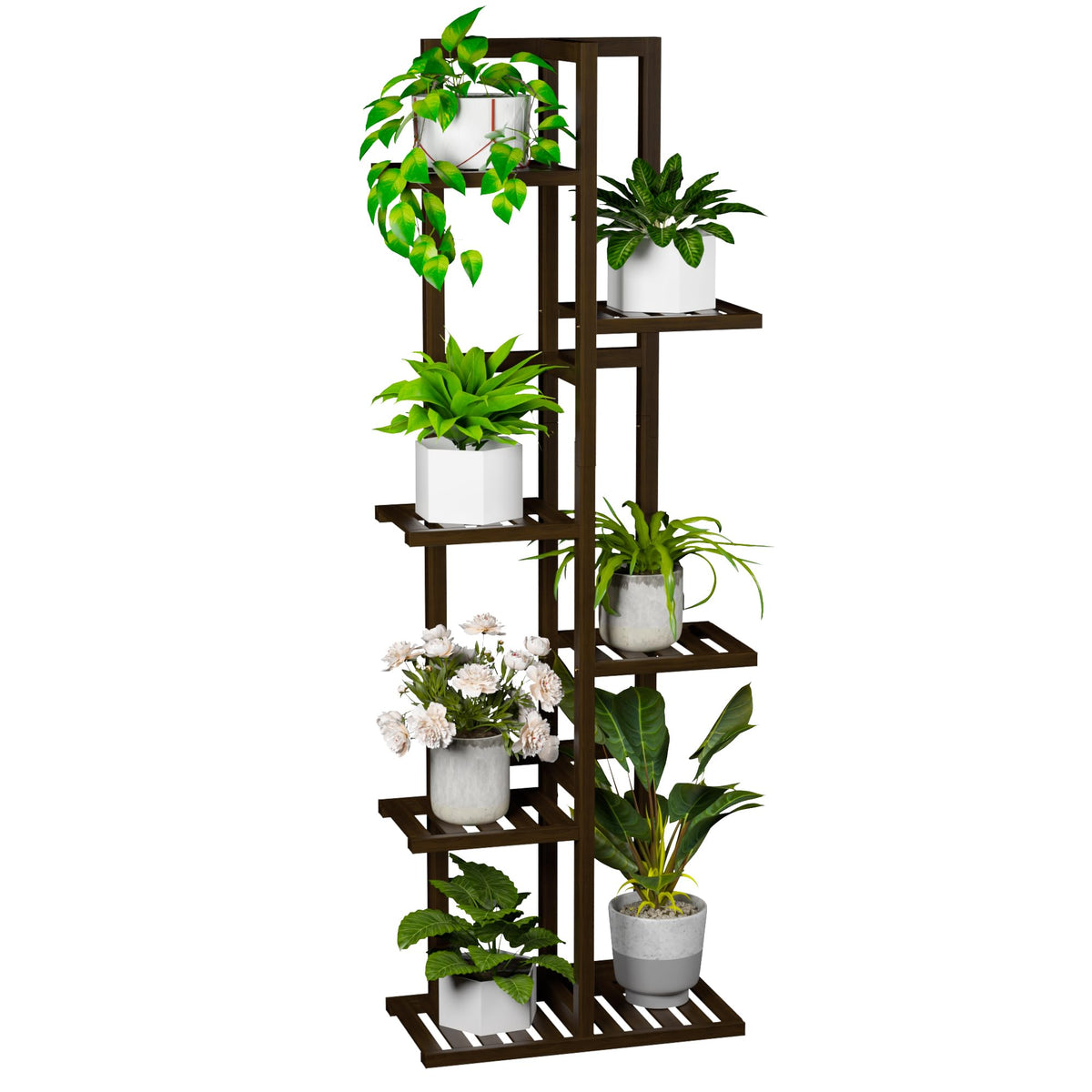 ROMGUAR CRAFT six-tier bamboo plant stand displaying multiple plants in a modern living room.