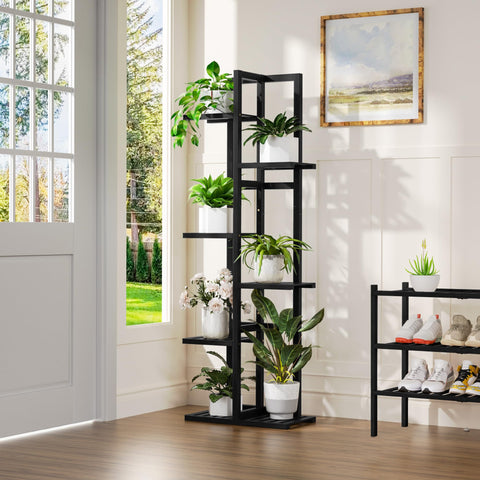ROMGUAR CRAFT bamboo plant stand side view highlights slim, space-saving design.