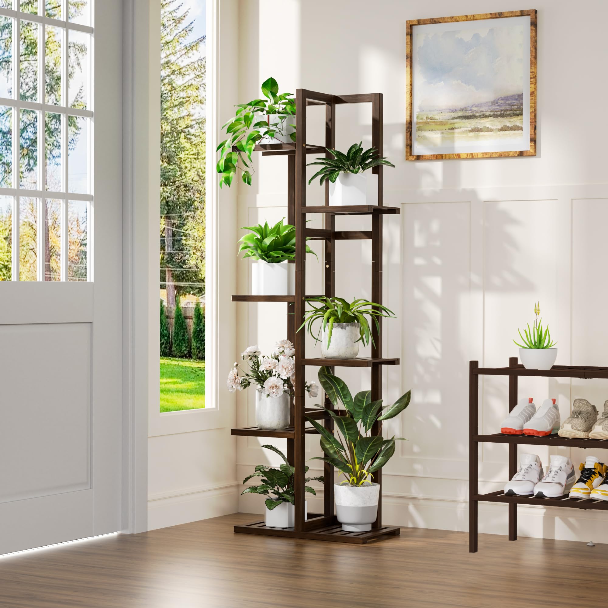 ROMGUAR CRAFT brown bamboo plant shelf shown in a cozy corner.