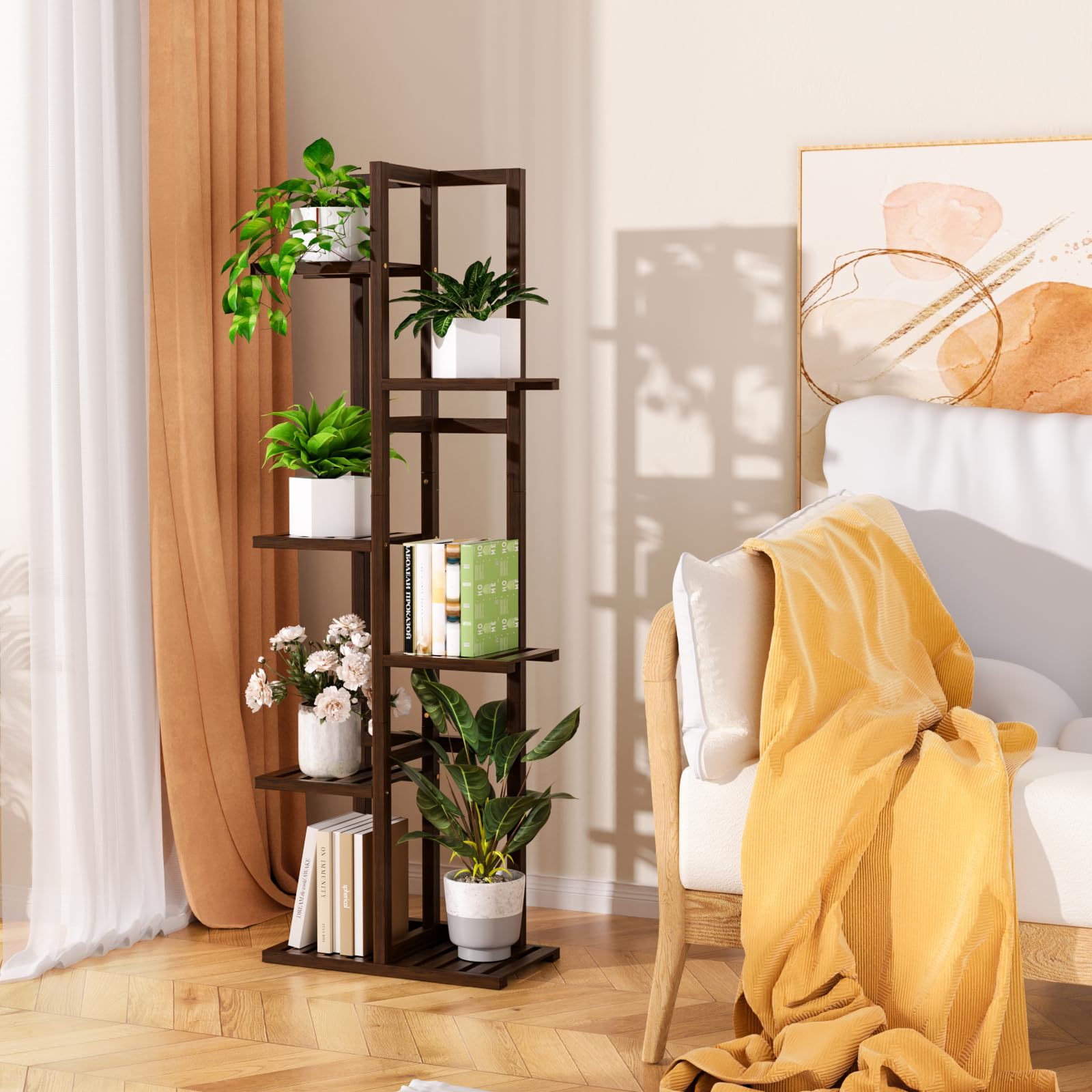 ROMGUAR CRAFT easy-assembly bamboo stand suitable for balconies or living rooms.