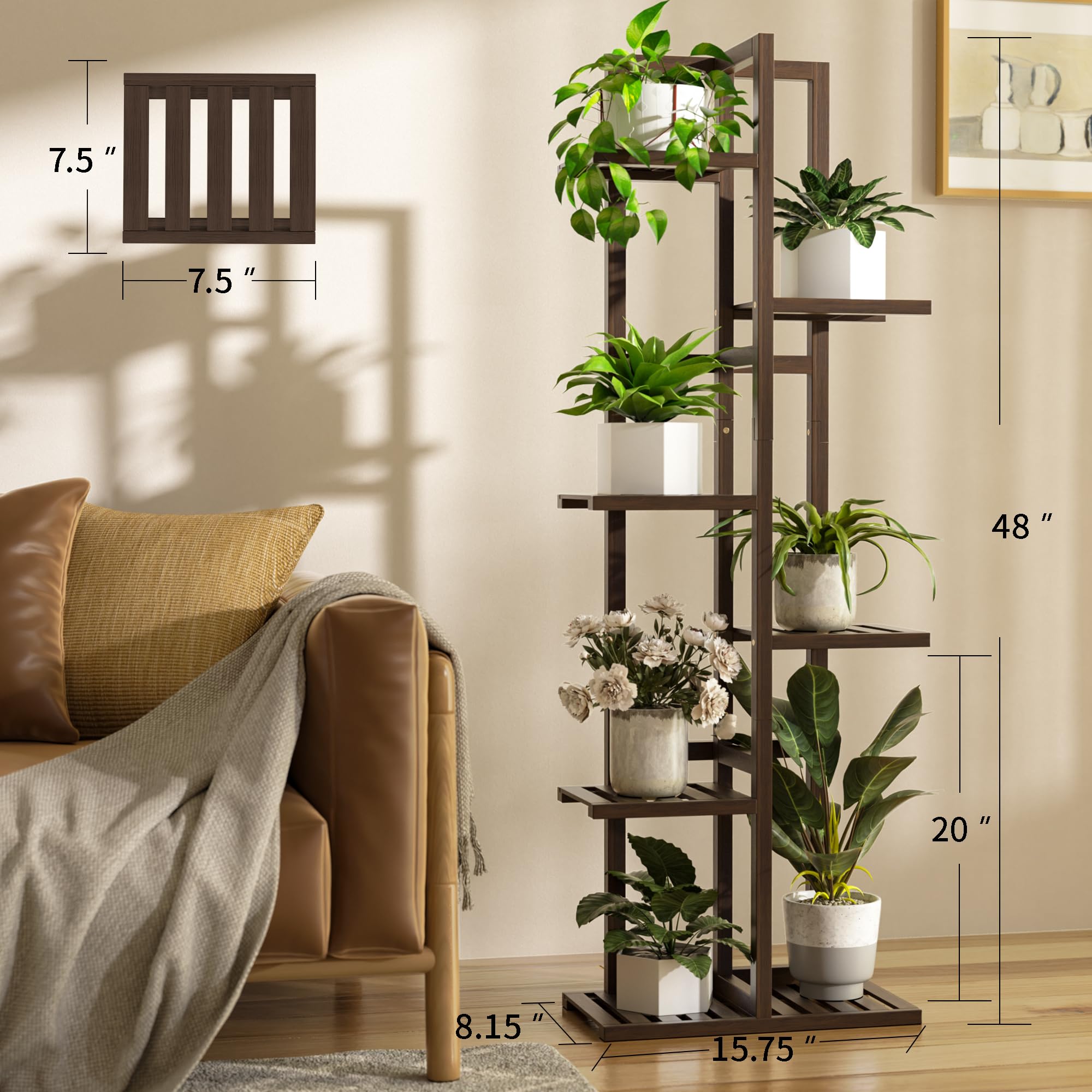 ROMGUAR CRAFT six-tier stand with seven pots organized for indoor greenery.