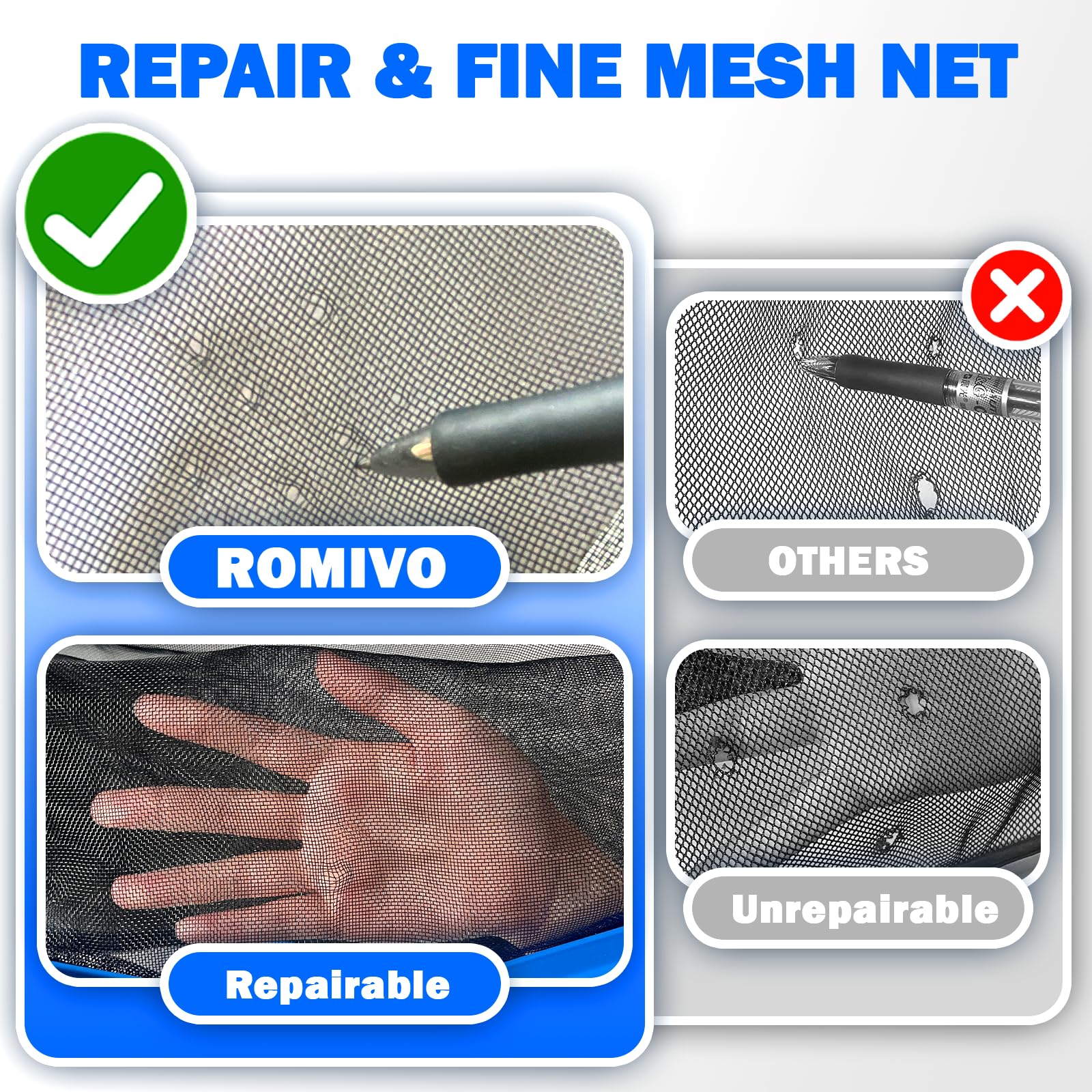 ROMIVO deep 16-inch net depth holds more debris during cleaning sessions.